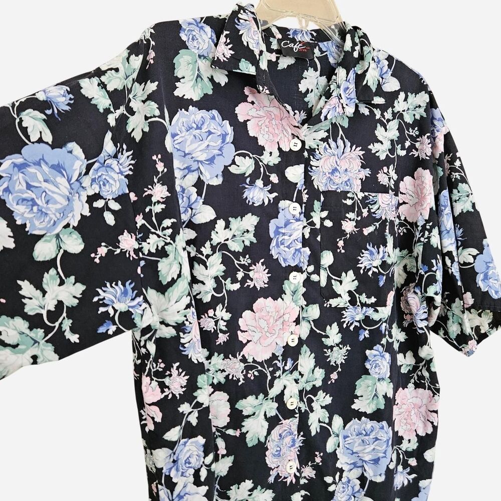 80s 90s boho cottagecore black pastel floral button down shirt